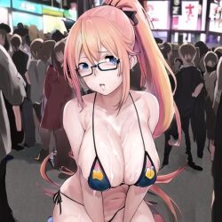 ai_generated bikini breasts cum cum_in_mouth cum_on_breasts gatchaman gatchaman_crowds genderswap_(mtf) glasses ninomiya_rui public rule_63 side_ponytail