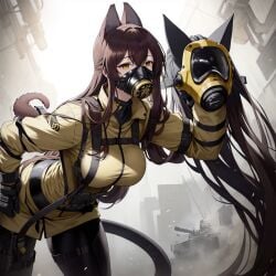 ai_generated amber_eyes armageddon_steel_legion astra_militarum brown_hair cat_ears catgirl felinid gas_mask guardswoman_(warhammer_40k) imperial_guard imperium_of_man long_hair military military_uniform soldier unstable_diffusion warhammer_(franchise) warhammer_40k yellow_clothes yellow_clothing