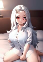 1girls aged_up ai_generated bed bottomless eri_(my_hero_academia) large_breasts long_hair losforry_custom my_hero_academia red_eyes shirt shortstack silver_hair single_horn sitting thick_thighs wariza white_shirt