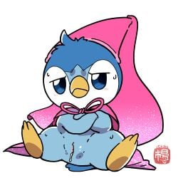 absurd_res avian blue_body blue_eyes blush bodily_fluids cape crossed_arms cum female generation_4_pokemon genital_fluids genitals hat hi_res looking_at_viewer m@rt nintendo penguin piplup pokemon pokemon_(species) pout princess_waddle pussy pussy_juice simple_background solo spread_legs spreading sweat white_background white_body