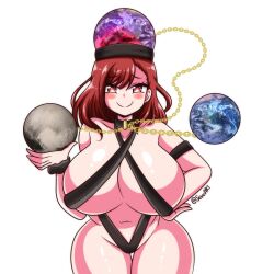 big_breasts hecatia_lapislazuli looking_at_viewer planet red_eyes red_hair seireiart simple_background smile smiling smiling_at_viewer thick_thighs touhou white_background white_body