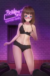 black_bra black_panties blue_eyes blush breasts glasses nipples spiral_clicker