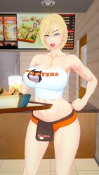 1girls 3d alien_look_like_human bare_shoulders beauty_mark biceps big_breasts blonde_female blonde_hair blue_eyes bob_cut breasts clavicle dc dc_comics deltoids digital_media_(artwork) eyelashes fast_food fast_food_employee fast_food_uniform female food front_view hand_on_hip heroine hooters hooters_uniform human humanoid indoors justice_society_of_america kaoskatsu kara_zor-el karen_starr kryptonian legs light-skinned_female light_skin lipstick mole_(marking) mole_under_mouth orange_clothing orange_panties orange_shorts owl perky_breasts platter power_girl pricelist red_lipstick serving_tray short_hair shoulders solo supergirl superheroine superman_(series) tank_top thick_eyelashes thigh_gap thighs tiles waitress waitress_uniform white_tank_top white_topwear work_uniform