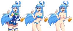 aqua_(konosuba) bikini blue_eyes blue_hair blush breasts clothed drooling female female_only heart-shaped_pupils hi_res innie_pussy jestami kono_subarashii_sekai_ni_shukufuku_wo! long_hair looking_at_viewer nipples nude pussy saliva skirt thighhighs tongue_out v_sign white_background