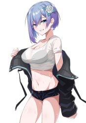 absurdres black_jacket blue_eyes blue_hair blush bra_visible_through_clothes breasts counter:side earrings female flower gradient_hair hair_flower hair_ornament highres jacket jewelry levia_tanis levia_thanis looking_at_viewer medium_breasts multicolored_hair navel purple_hair removing_jacket royalmonkey shiny_skin shirt shirt_rolled_up short_hair short_shorts shorts smile solo stomach thighs transparent_background undressing wet white_shirt