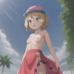 ai_generated blue_eyes human no_bra outside pink_hat pokemon serena_(pokemon) short_hair showcase_outfit stable_diffusion suprised_look