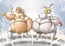 2girls anthro ass_cleavage bendacriss blonde_hair bouncing_ass bouncing_breasts bunny_ears bunny_girl bunny_tail butt_crack carrot_(one_piece) cellulite choker female female_only huge_ass huge_breasts looking_back minkmen_(one_piece) multiple_girls nipple_tassels one_piece rabbit_humanoid ringo_(touhou) tassel thick_thighs thigh_socks thighhighs touhou twerking