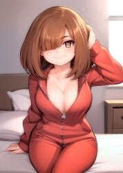 1girls ai_generated bed brown_hair cleavage hair_over_one_eye hand_on_head komori_kinoko large_breasts looking_at_viewer losforry_custom my_hero_academia onesie smile unzipped x-shaped_pupils zipper