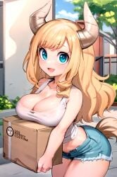 1girls ai_generated blonde_hair box breast_rest carrying_object cleavage female female_only holding_box horns horse_tail large_breasts long_hair losforry_custom my_hero_academia open_mouth shorts shortstack solo tank_top tsunotori_pony