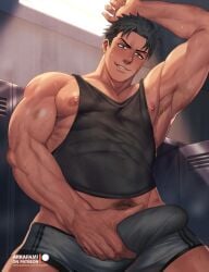 1boy 1male abs abs_visible_through_clothing absurd_res absurdres akitaru_oubi arkapami arm_up big_arms big_muscles big_penis black_hair boxers covered_abs erect erect_nipples erect_penis erection erection_under_clothes indoors large_pectorals legs_apart locker_room lockers looking_at_viewer looking_down looking_down_at_viewer low-angle_view male male_only muscular muscular_male nip_slip nipple_slip nipples patreon_username pectoral_lift pectorals pubes pubes_exposed pubic_hair short_hair singlet singlet_aside sweat tank_top thick_penis thick_thighs underwear watermark