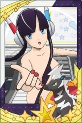 1girls black_hair blue_eyes elesa_(pokemon) elesa_(pokemon_bw2) female headphones looking_at_viewer nail_polish painted_fingernails pokemon pokemon_bw pokemon_masters posing posing_for_picture posing_for_the_viewer reaching_out reaching_towards_viewer red_nails saucemon7 solo solo_female solo_focus zebstrika