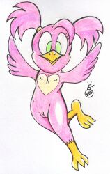 anthro avian feathers female flicky flying genitals green_eyes hi_res nipples nude pussy reddragonkan sega solo sonic_(series) sonic_3d_blast sonic_the_hedgehog_(series) talons twintails