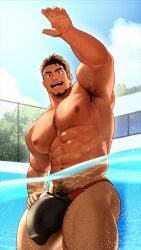 1boy abs balls bara biceps bodybuilder bulge censored facial_hair flaccid gay hairy_legs hairy_male high_resolution highres huge_balls huge_bulge huge_cock huge_testicles kuromine_hiraya male male_only muscle muscles muscular muscular_arms muscular_male nipples pecs penis pool pubic_hair solo solo_male sweat sweatdrop sweating sweaty_body swimsuit testicles water yuatari