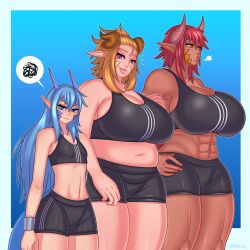 3girls abs adidas big_breasts blue_hair breasts_size_difference chubby chubby_female dragon_girl dragon_horns dragon_tail eir_(mokiro) female female_only fit_female freya_(mokiro) frigg_(mokiro) gym_clothes huge_breasts medium_support_(meme) meme mokiro mokiro_ multiple_girls original_character original_characters red_hair self_upload size_difference small_breasts yellow_hair