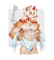 2023 anthro arknights athletic athletic_anthro athletic_male bathroom canid canine canis chico2048 domestic_dog fur hair hi_res horn hung_(arknights) hypergryph long_hair male mammal orange_hair pubes solo studio_montagne tan_body tan_fur white_body white_fur white_hair yellow_eyes