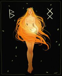 apple apples basket blonde_hair breasts_exposed goddess goddess_of_spring green_eyes idunn immortal immortality medium_breasts michelle_peric mythology norse_mythology nude_female offering runes tall_female very_long_hair