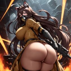 ai_generated armageddon_steel_legion ass_focus astra_militarum big_ass brown_hair bubble_butt cat_ears catgirl explosion felinid fire gas_mask guardswoman_(warhammer_40k) imperial_guard imperium_of_man long_hair military military_uniform soldier unstable_diffusion warhammer_(franchise) warhammer_40k yellow_clothes yellow_clothing