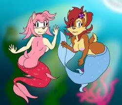 2015 2girls accessory alternate_species amy_rose anthro archie_comics big_breasts breasts brown_body brown_fur brown_hair chipmunk duo eulipotyphlan female fish_tail flower flower_in_hair fur green_eyes ground_squirrel hair hair_accessory hedgehog heroesheaven hi_res legless mammal marine merfolk mermaid_tail mermaidification nipples pink_body pink_hair plant rear_view rodent sally_acorn sciurid sega side_boob sonic_(series) sonic_the_hedgehog_(archie) sonic_the_hedgehog_(comics) sonic_the_hedgehog_(series) split_form translucent translucent_hair underwater water