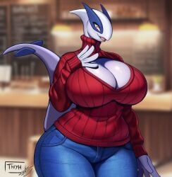 1girls absurd_res anthro big_breasts blue_body bottomwear breasts cleavage clothed clothing denim denim_clothing dialogue female female_only generation_2_pokemon greeting huge_breasts jeans legendary_pokemon looking_at_viewer lugia mature_anthro mature_female milf nintendo pants pokemon pokemon_(species) smiling smiling_at_viewer solo sweater text textless thick_thighs thyhsilverfeet topwear white_body