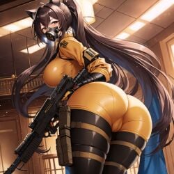 ai_generated armageddon_steel_legion ass_focus astra_militarum brown_hair cat_ears catgirl felinid gas_mask guardswoman_(warhammer_40k) imperial_guard imperium_of_man long_hair military military_uniform skin_tight soldier unstable_diffusion warhammer_(franchise) warhammer_40k yellow_clothes