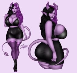 1girls ass belly big_ass big_breasts big_butt black_hair boots demon demon_girl demon_horns demon_tail demoness ear_piercing earrings female female_only hips horns hourglass_figure jolygold69_(artist) jolygold_(character) jolygold_(jolygold69) latex latex_bodysuit latex_clothing latex_suit long_hair looking_at_viewer looking_back milf oc original_character pantyhose purple_body purple_eyes purple_hair solo solo_focus standing stockings succubus succubus_horns succubus_tail thick thick_ass thick_legs thick_lips thick_thighs thigh_highs thighhighs thighs voluptuous