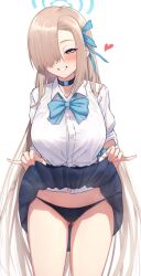 asuna_(blue_archive) asymmetrical_bangs black_panties blonde_hair blue_archive blue_bow blue_bowtie blue_eyes blush bow bowtie breasts clothes_lift cowboy_shot female gluteal_fold hair_over_one_eye halo heart highres kamuchin_soda large_breasts lifted_by_self long_hair looking_at_viewer millennium_science_school_student panties skirt skirt_lift smile solo standing thigh_gap thighs underwear uniform very_long_hair white_background