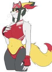 1girl big_breasts braixen breasts female furry janjin192 kambo kiriko_(overwatch) kiriko_kamori overwatch pokémon_(species) pokemon pokemon_(species) red_eyes solo thick_thighs wide_hips