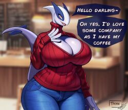 1girls absurd_res anthro big_breasts blue_body bottomwear breasts cleavage clothed clothing denim denim_clothing dialogue english_text female female_only generation_2_pokemon greeting huge_breasts jeans legendary_pokemon looking_at_viewer lugia mature_anthro mature_female milf nintendo pants pokemon pokemon_(species) smiling smiling_at_viewer solo speech_bubble sweater talking_to_viewer text thick_thighs thyhsilverfeet topwear white_body