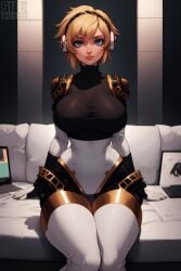 1girls aegis_(persona) ai_generated aigis_(persona) android bed blonde_hair blue_eyes blush breasts computer covered_nipples dioxide headphones joints laptop large_breasts lips looking_at_viewer nipple_bulge on_bed persona persona_3 pillow robot_joints short_hair sitting smile solo thick_thighs thighs wide_hips