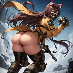 ai_generated armageddon_steel_legion astra_militarum big_ass brown_hair bubble_butt cat_ears catgirl felinid gas_mask guardswoman_(warhammer_40k) imperial_guard imperium_of_man long_hair military military_uniform revealing skimpy snow soldier unstable_diffusion warhammer_(franchise) warhammer_40k yellow_clothes yellow_clothing