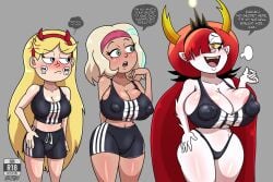 3girls big_breasts blonde_hair breast_envy clothed clothing dark-skinned_female dark_skin disney disney_channel disney_xd envy female female_focus female_only hekapoo huge_breasts human humanoid jackie_lynn_thomas jealous jealous_female jealous_look light-skinned_female light_skin long_hair medium_support_(meme) meme meme_attire multiple_girls nipple_bulge pale-skinned_female red_hair sr_r18nsfw star_butterfly star_vs_the_forces_of_evil tan-skinned_female white_female white_skin wide_hips