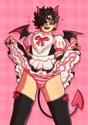 6_eyes bulge bulge_through_clothing demon demon_boy femboy femboy_focus femboy_only incubus maid maid_apron maid_outfit multi_eye nail_polish oc originalcharacter panties petticoat scramblearts stockings striped_panties underwear