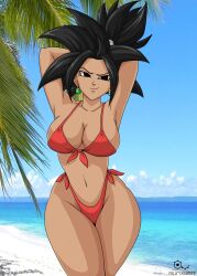 1girls :) alternate_version_available armpits arms_up bangs beach big_breasts bikini black_eyes black_hair blinx1287 breasts child_bearing_hips cleavage curvy dragon_ball dragon_ball_super dragon_ball_z earrings fusion higher_resolution_duplicate kefla legs_together looking_at_viewer navel outdoors ponytail public red_bikini saiyan sideboob smile smug spiky_hair standing tan tan_body tan_skin thick_thighs universe_6/universe_7 watermark wide_hips