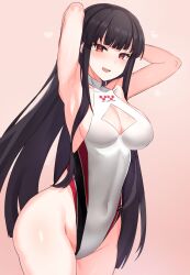 arms_behind_head black_hair blunt_bangs breasts cleavage_cutout clothing_cutout commentary_request counter:side covered_navel cowboy_shot female female_focus highleg highleg_swimsuit highres jageungansik korean_commentary large_breasts looking_at_viewer official_alternate_costume one-piece_swimsuit red_eyes solo swimsuit white_one-piece_swimsuit yen_xing_lanchester