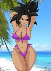 1girls :) alternate_version_available armpits arms_up bangs base_form_kefla beach big_breasts bikini black_eyes black_hair blinx1287 breasts child_bearing_hips cleavage curvy dragon_ball dragon_ball_super dragon_ball_z earrings fusion higher_resolution_duplicate kefla legs_together looking_at_viewer navel outdoors ponytail public purple_bikini saiyan sideboob smile smug spiky_hair standing tan tan_body tan_skin thick_thighs watermark wide_hips