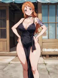 1girls ai_generated artist_name brown_eyes dress female female_focus female_only long_hair nami nami_(one_piece) no_panties one_piece post-timeskip red_hair redalertai revealing_clothes solo tattoo tattoos walking watermark