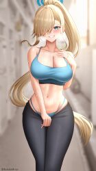 absurdres asuna_(blue_archive) black_pants blonde_hair blue_archive blue_eyes blurry blurry_background blush breasts breath cleavage clothes_pull collarbone commentary curvy english_commentary eyelashes female floating_hair grin hair_over_one_eye hallway halo hand_on_own_chest highres large_breasts long_hair looking_at_viewer millennium_science_school_student navel panties pants pants_pull rayleigh rayleigh_scale sidelocks signature smile sports_bra sportswear stomach sweat underwear very_long_hair wet wet_hair wide_hips