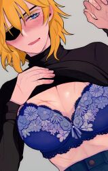 1girls blonde_hair blue_bra blue_eyes blue_underwear bra breasts cleavage dimitri_alexandre_blaiddyd eye_patch eyepatch female female_only fire_emblem fire_emblem:_three_houses genderswap_(mtf) large_breasts nintendo rule_63 solo underwear wyktsak