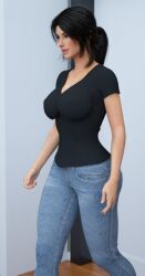 1girls 3d big_breasts black_hair caroline_(milfy_city) female female_only huge_breasts icstor jeans milf milfy_city ponytail solo t-shirt