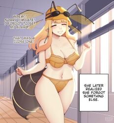 1girls abdomen antennae_(anatomy) bee_girl bee_humanoid blonde_hair bra closed_eyes detailed_background dialogue english_text female female_only hat hi_res humanoid insect_wings lingerie long_hair luxurias panties pointy_ears smile solo text_box