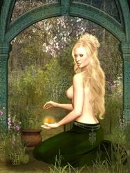 apple blonde_hair blue_eyes breasts_exposed erulian goddess goddess_of_spring green_skirt holding_apple idunn immortal immortality looking_at_viewer looking_over_shoulder medium_breasts mythology norse_mythology offering side_view sideboob topless topless_female very_long_hair