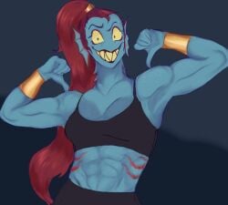 1girls 2020s 2023 abs anthro anthro_only black_bottomwear black_bra black_topwear blue_background blue_body blue_skin bottomwear bra bracelet bracelets breasts dark_background eye_patch eyepatch female_anthro female_only fish fish_girl flexing goopy_art hair long_hair looking_at_viewer marine midriff monster monster_girl muscles muscular muscular_anthro non-mammal_breasts red_hair small_pupils smiling solo_anthro solo_female thumbs_down topwear undertale undertale_(series) undyne upper_body very_long_hair wristwear yellow_sclera