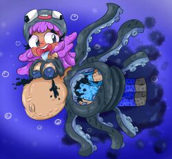 1boy 1girls anal_vore areolae black_eyes blue_tongue blush hat lactating lactating_ink minecraft mysticemerald_(artist) nitrobutter purple_hair squid squid_(minecraft) squid_girl steve_(minecraft) tentacle unbirthing underwater unusual_lactation vore vore_belly