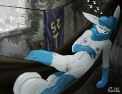 anthro blue_nipples blue_pussy breasts caitlyn_(swordfox) closed_eyes female fur generation_6_pokemon genitals hi_res medium_breasts meowstic nintendo nipples nude pokemon pokemon_(species) pussy sleeping solo tail the-minuscule-task white_body white_fur