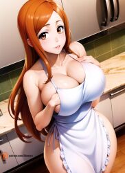 1girls 2023 ai_generated almost_naked apron apron_only barely_clothed big_breasts bleach blush breasts curvaceous curvy curvy_figure detailed from_above front_view grabbing_own_breast hand_on_breast hi_res hourglass_figure huge_breasts illumaru inoue_orihime kitchen light-skinned_female light_skin long_hair looking_at_viewer looking_up mommy mostly_nude naked_apron orange_eyes orange_hair seductive_look seductive_smile solo stable_diffusion thick_thighs thighs very_long_hair voluptuous wide_hips