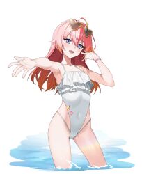 :d ahoge arm_up armpits bad_id bad_twitter_id bare_arms bare_shoulders blue_eyes contrapposto controlline3 counter:side covered_navel eyewear_on_head female frilled_one-piece_swimsuit frilled_swimsuit frills gradient_hair heart heart-shaped_eyewear highleg highleg_swimsuit highres multicolored_hair one-piece_swimsuit one_side_up open_mouth outstretched_arm rachel_dodds red_hair simple_background smile solo standing sunglasses swimsuit thighs wading water wet white_background white_one-piece_swimsuit wristband yellow-framed_eyewear