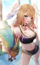 1girls bare_midriff bare_shoulders black_choker black_shorts black_sports_bra blonde_hair blue_eyes bottle breast_tattoo breasts choker cleavage eunie_(xenoblade) female female_only hand_on_hip head_wings highres holding holding_bottle holding_object large_breasts long_hair looking_at_viewer midriff monolith_soft nemu_(ut_kakinotane) nintendo shorts sideboob sports_bra sportswear taion_(xenoblade) tattoo thick_thighs thighs water_bottle wings workout_clothes xenoblade_(series) xenoblade_chronicles_3