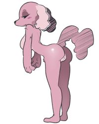 anthro ass bent_over blush breasts canid canine canis domestic_dog featureless_feet female fur genitals hi_res itsunknownanon mammal nude pink_body pink_fur pussy raised_tail simple_background smile solo standing tail white_background