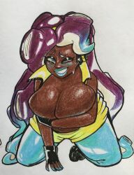 1girls alternate_costume big_breasts blush breasts breasts_out clothing embarrassed female female_only fingerless_gloves gloves hiding_breasts huge_breasts kneeling large_breasts latex lipstick long_hair looking_at_viewer makeup marina_(splatoon) off_the_hook_(splatoon) oh_gosh_levi on_knees splatoon sweat tight_clothing wardrobe_malfunction