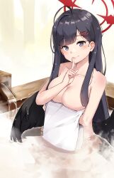 artist_request blue_archive finger_on_chin hands_under_breasts hot_spring huge_breasts ichika_(blue_archive) justice_task_force_(blue_archive) koy nipples onsen partially_submerged smile steam tagme_(artist) towel trinity_general_school_student water